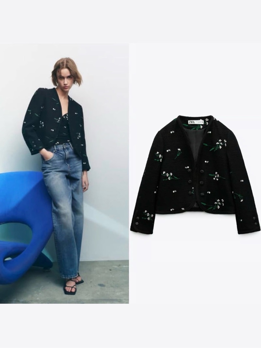 Zara Embroidered Floral Tweed Cropped Blazer Black XXL